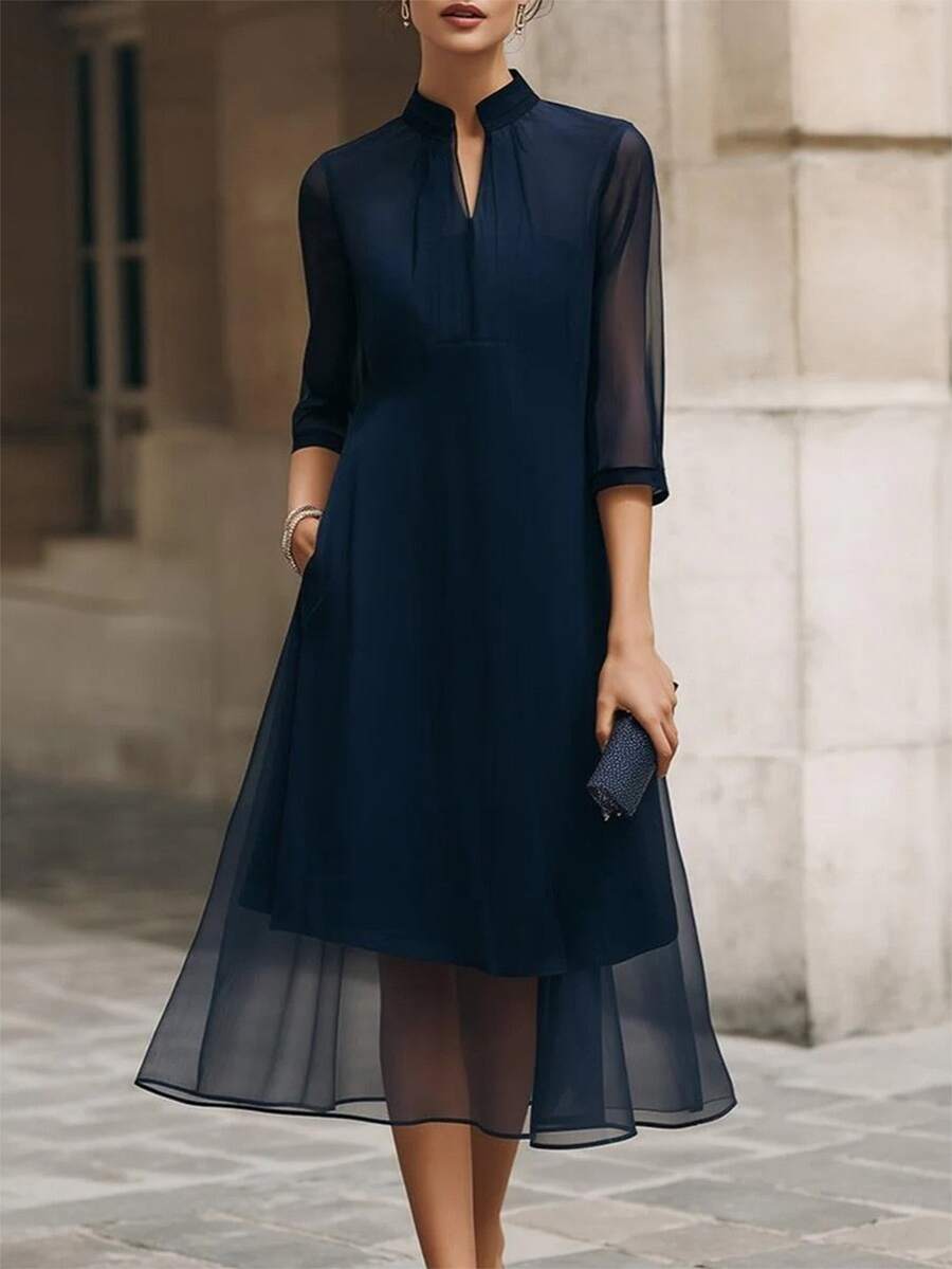 EMERY ROSE Elegant Solid Color V-Neck Short Sleeve Dress For Middle-Aged And Elderly Women Fall Clothes For Women Winter Outfit For Women - Navy Blue - View 1