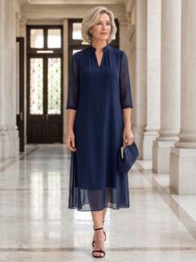 EMERY ROSE Elegant Solid Color V-Neck Short Sleeve Dress For Middle-Aged And Elderly Women Fall Clothes For Women Winter Outfit For Women - Navy Blue - View 7