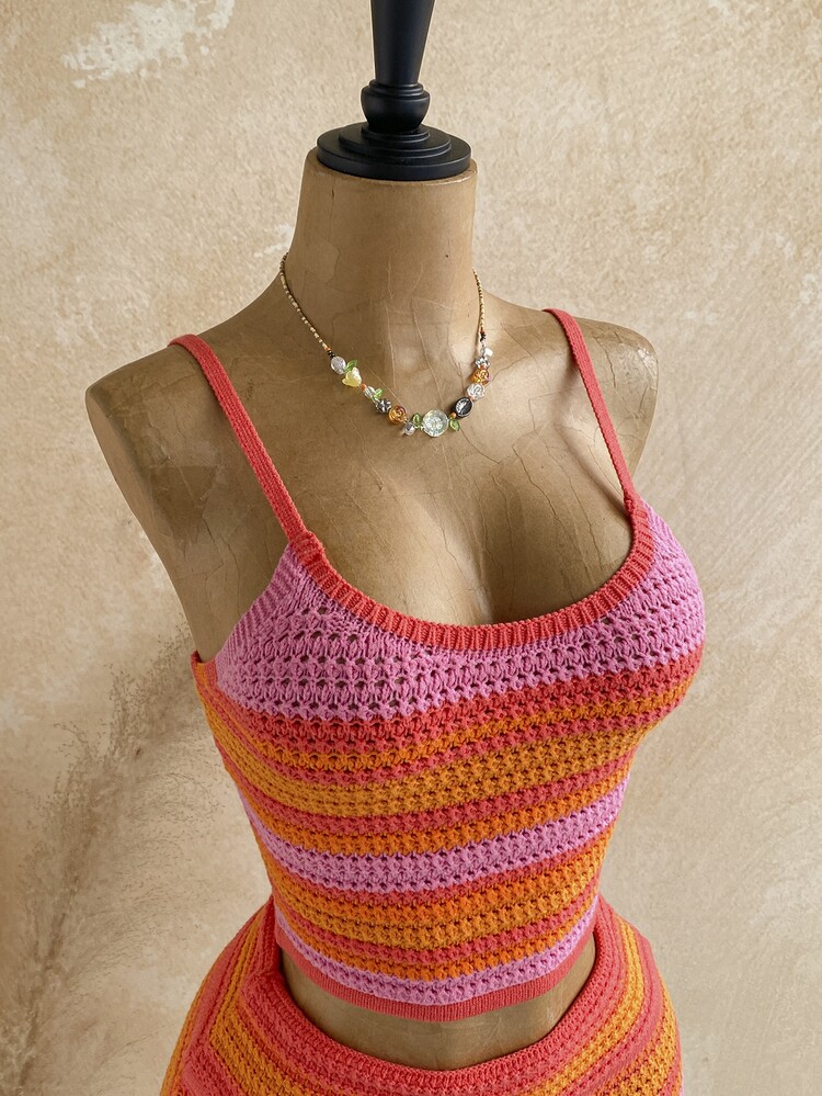 Soleia Contrast Pink Stripe Pattern Open Knit Cami Top Night Out Club Vacation Autumn Sexy - Multicolor - View 6