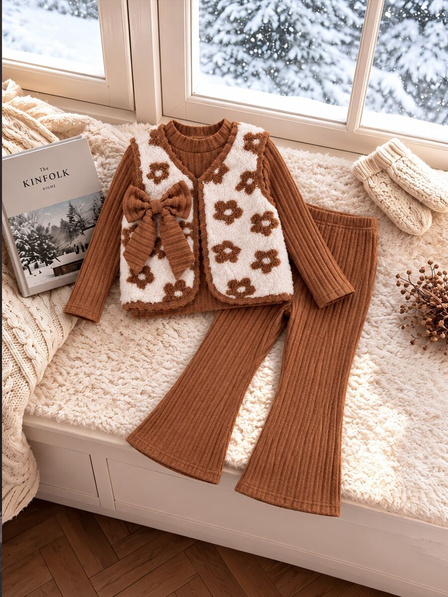 3pcs/Set Girls Fall Winter New Ribbed High Neck Long Sleeve Base Layer Top Flared Long Wide Leg Pants Floral Plush Vest With Bow Decor Elegant Noble C - Brown - View 1