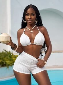 Slaydiva 2pcs Bikini Set With Strap Triangle Top Shorts, Fashionable Beach Vacation Party Swimwear For Summer, All White Tropical Sexy - White - View 3