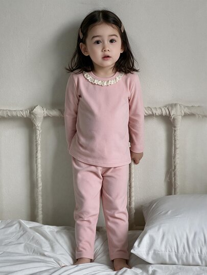 Girls' Long Sleeve Top And Pants Set With Ruffled Collar Design, Made Of Soft And Comfortable Fabric, Suitable For Children's Wear And Promoting Healthy Growth