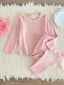 Setelan Atasan Lengan Panjang dan Celana Panjang Anak Perempuan dengan Desain Kerah Berkerut, Terbuat dari Kain Lembut dan Nyaman, Cocok untuk Dipakai Anak dan Mendukung Pertumbuhan Sehat. - Berwarna merah muda - View 6