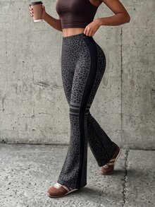 SHEIN Sports Women's Leopard Print Daily Athletic Low Waisted Fitness Flared Leggings Yoga Gym Dark Wash Summer - Black - View 3