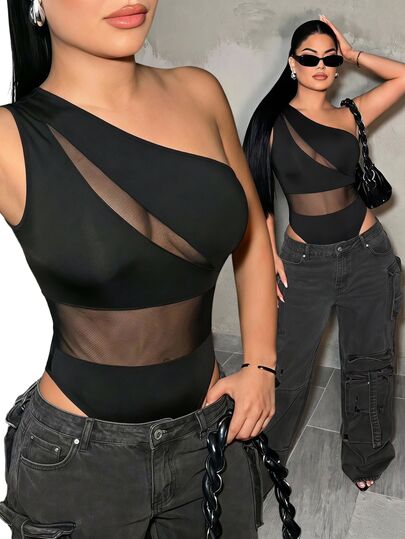 SHEIN SXY Body de punto negro de alta elasticidad con paneles de malla transparente y escote asimétrico. Casual, sexy, para citas, salidas nocturnas, discoteca, estilo callejero de verano