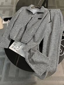 Franclia Fitted Stand Collar Cardigan + Casual Slant Pocket Pants - Black and White - View 3