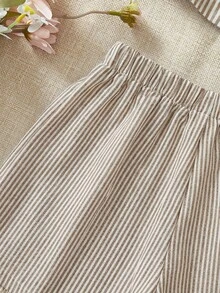 KARISMINA 2件組女款休閒熱帶編織米色圖案短版上衣高腰寬鬆短褲套裝 度假穿搭 夏季海灘 - 咖啡棕 - 查看 9