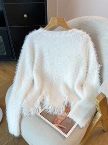 Breezaya Women's Elegant White Autumn Everyday Faux Mink Pullover Sweater,Handmade Rhinestone Asymmetrical Hem Tasseled Crew Neck Soft Comfortable Fitted - White - View 4