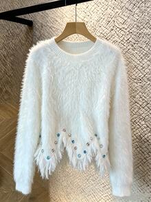 Breezaya Women's Elegant White Autumn Everyday Faux Mink Pullover Sweater,Handmade Rhinestone Asymmetrical Hem Tasseled Crew Neck Soft Comfortable Fitted - White - View 1