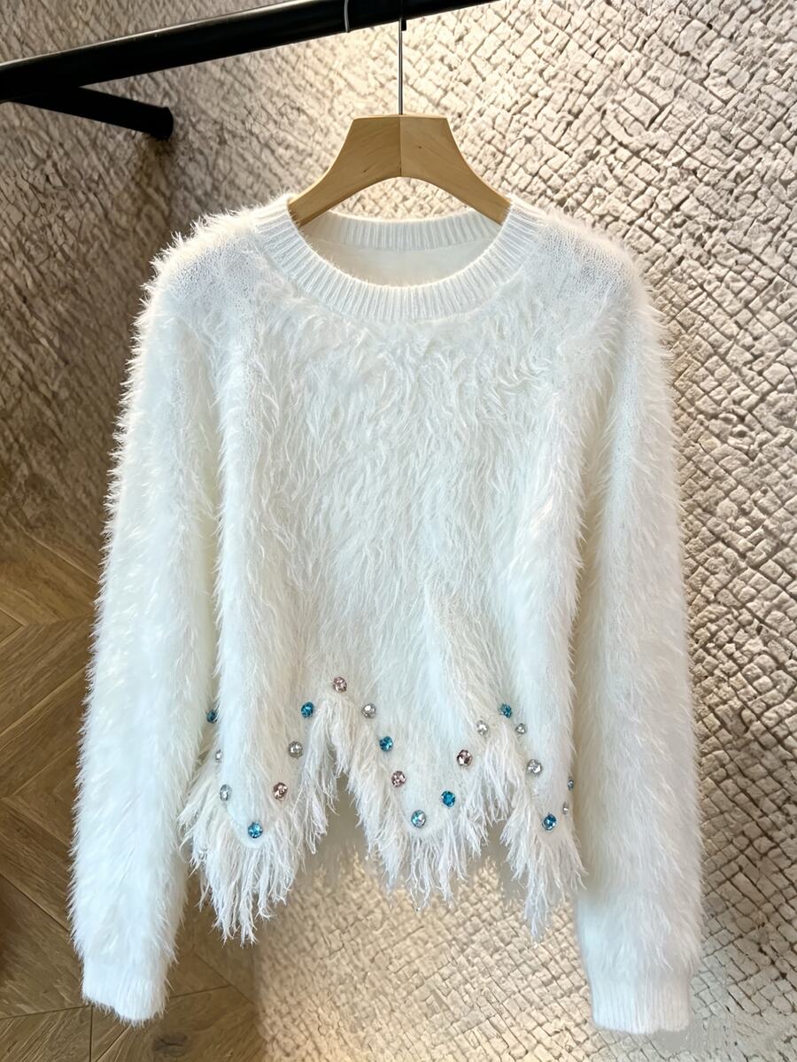 Breezaya Women's Elegant White Autumn Everyday Faux Mink Pullover Sweater,Handmade Rhinestone Asymmetrical Hem Tasseled Crew Neck Soft Comfortable Fitted - White - View 1