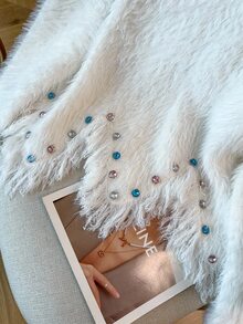 Breezaya Women's Elegant White Autumn Everyday Faux Mink Pullover Sweater,Handmade Rhinestone Asymmetrical Hem Tasseled Crew Neck Soft Comfortable Fitted - White - View 2