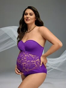 Cheriluna Maternity 孕婦紫色夏季優雅對比蕾絲抹胸連身衣，適合拍照拍攝，孕婦一件式泳衣比基尼 - 紫色 - 查看 4