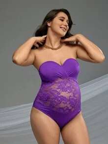 Cheriluna Maternity 孕婦紫色夏季優雅對比蕾絲抹胸連身衣，適合拍照拍攝，孕婦一件式泳衣比基尼 - 紫色 - 查看 5