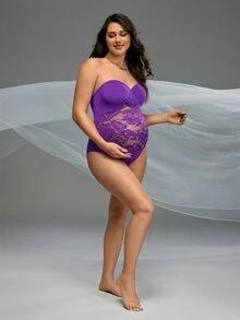 Cheriluna Maternity 孕婦紫色夏季優雅對比蕾絲抹胸連身衣，適合拍照拍攝，孕婦一件式泳衣比基尼 - 紫色 - 查看 7