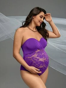 Cheriluna Maternity 孕婦紫色夏季優雅對比蕾絲抹胸連身衣，適合拍照拍攝，孕婦一件式泳衣比基尼 - 紫色 - 查看 2