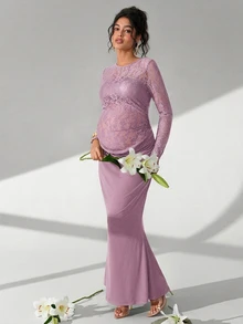 Cheriluna Maternity Vestido de fotografía de maternidad de sirena con volantes largos de manga larga y unicolor con encaje - Morado - Ver 7