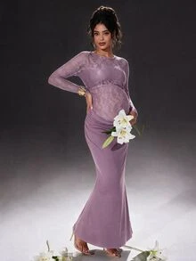 Cheriluna Maternity Vestido de fotografía de maternidad de sirena con volantes largos de manga larga y unicolor con encaje - Morado - Ver 1