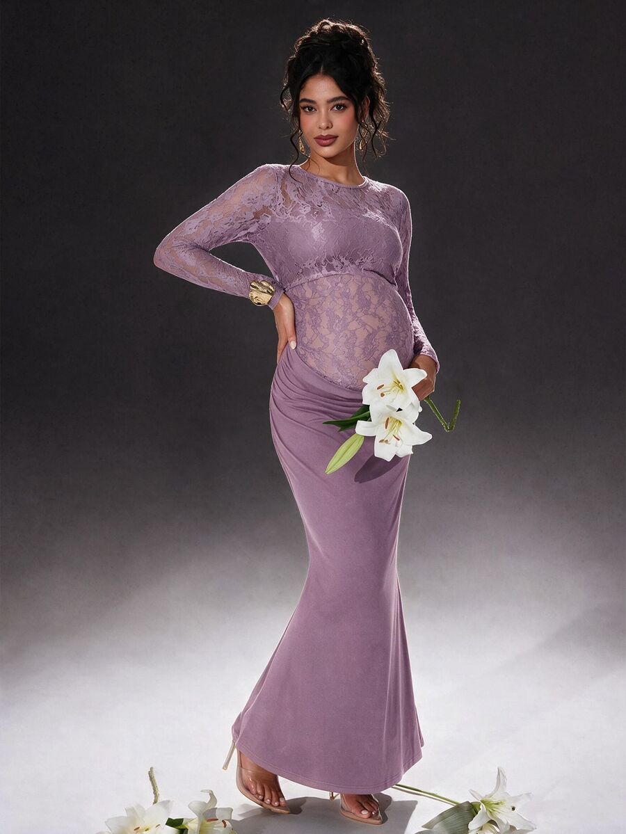 Cheriluna Maternity Vestido de fotografía de maternidad de sirena con volantes largos de manga larga y unicolor con encaje - Morado - Ver 1