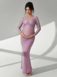 Cheriluna Maternity Vestido de fotografía de maternidad de sirena con volantes largos de manga larga y unicolor con encaje - Morado - Ver 6