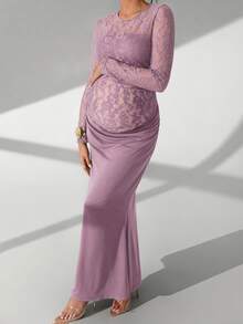 Cheriluna Maternity Vestido de fotografía de maternidad de sirena con volantes largos de manga larga y unicolor con encaje - Morado - Ver 5