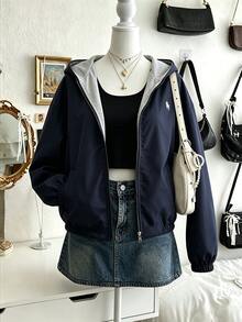SHEIN Sweetra Young Korean Style Navy Blue Hooded Jacket, Coat, Fall Clothes, Vintage Streetwear Baggy Pony Print, Loose Short Jacket, Casual Zipper Cardigan, Autumn - Navy Blue - View 10