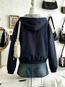 SHEIN Sweetra Young Korean Style Navy Blue Hooded Jacket, Coat, Fall Clothes, Vintage Streetwear Baggy Pony Print, Loose Short Jacket, Casual Zipper Cardigan, Autumn - Navy Blue - View 3