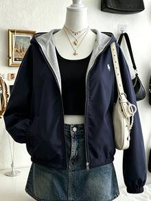 SHEIN Sweetra Young Korean Style Navy Blue Hooded Jacket, Coat, Fall Clothes, Vintage Streetwear Baggy Pony Print, Loose Short Jacket, Casual Zipper Cardigan, Autumn - Navy Blue - View 2