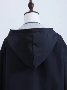 SHEIN Sweetra Young Korean Style Navy Blue Hooded Jacket, Coat, Fall Clothes, Vintage Streetwear Baggy Pony Print, Loose Short Jacket, Casual Zipper Cardigan, Autumn - Navy Blue - View 9