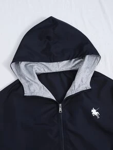 SHEIN Sweetra Young Korean Style Navy Blue Hooded Jacket, Coat, Fall Clothes, Vintage Streetwear Baggy Pony Print, Loose Short Jacket, Casual Zipper Cardigan, Autumn - Navy Blue - View 4