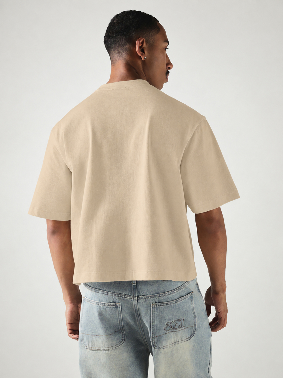 Oversized Boxy Cropped T-Shirt With Mock Neck And Drop Shoulders For Casual Everyday Summer Spring Wear