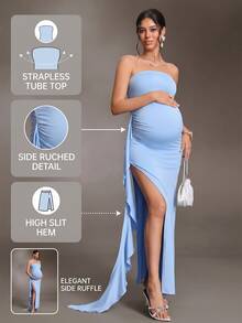 Cheriluna Maternity Maternity Solid Color Ruffle Trim Casual Party & Travel Strapless Dress - Blue - View 2