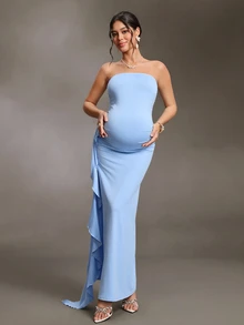 Cheriluna Maternity Maternity Solid Color Ruffle Trim Casual Party & Travel Strapless Dress - Blue - View 9