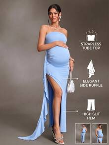 Cheriluna Maternity Maternity Solid Color Ruffle Trim Casual Party & Travel Strapless Dress - Blue - View 10