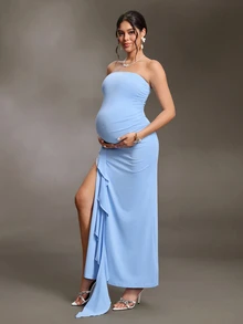 Cheriluna Maternity Maternity Solid Color Ruffle Trim Casual Party & Travel Strapless Dress - Blue - View 5
