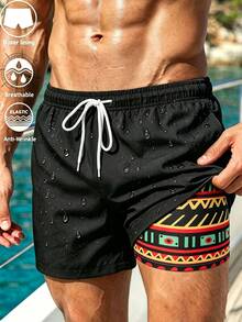 Manfinity Swimmode Summer Men's Geometric Print 2 In 1 Drawstring Waist Casual Beach Shorts Holiday / Vacation / Beach / Hawaii / Tropical / Swim /  Bathing - Black - View 1