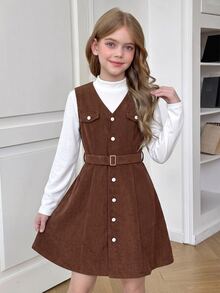 Tween Girl Solid Sleeveless Girls Clothes 8 To 12 Years Thanksgiving Outfit Autumn Style US School Off-White Dark Brown Elegant Uniform Preppy Classy - Multicolor - View 2