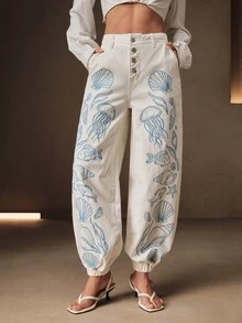Anewsta Women's Exquisite Luxurious Heavy Embroidery Rope White Long Pants For Summer Vacation Promotion - Beige - View 5