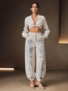 Anewsta Women's Exquisite Luxurious Heavy Embroidery Rope White Long Pants For Summer Vacation Promotion - Beige - View 6