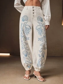 Anewsta Women's Exquisite Luxurious Heavy Embroidery Rope White Long Pants For Summer Vacation Promotion - Beige - View 4