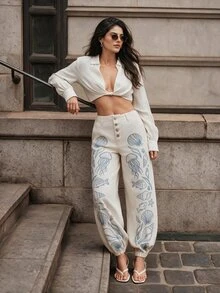 Anewsta Women's Exquisite Luxurious Heavy Embroidery Rope White Long Pants For Summer Vacation Promotion - Beige - View 2