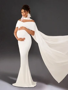 Cheriluna Maternity Maternity Photography Dress, White Long Elegant Gown, Suitable For Maternity Photoshoot - White - View 1