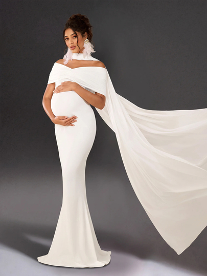 Cheriluna Maternity Maternity Photography Dress, White Long Elegant Gown, Suitable For Maternity Photoshoot