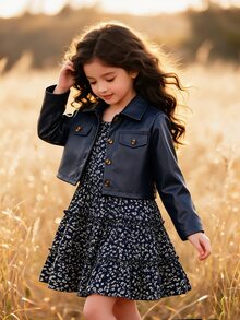SHEIN Elladie kids 女童 2 件套親子套裝，時尚棕色 PU 皮革缺口領西裝外套，Dit 1 歲生日 7 歲生日，秋季度假穿搭 - 藍色 - 查看 1