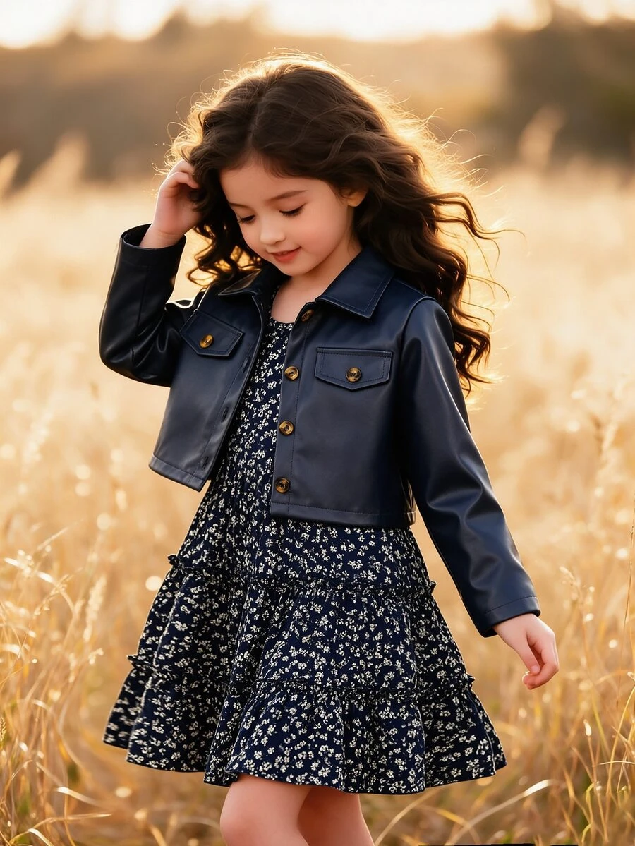 SHEIN Elladie kids 女童 2 件套親子套裝,時尚棕色 PU 皮革缺口領西裝外套,Dit 1 歲生日 7 歲生日,秋季度假穿搭 - 藍色 - 查看 1