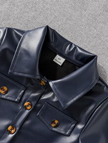 SHEIN Elladie kids 女童 2 件套親子套裝，時尚棕色 PU 皮革缺口領西裝外套，Dit 1 歲生日 7 歲生日，秋季度假穿搭 - 藍色 - 查看 6