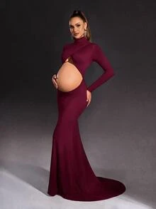 Cheriluna Maternity 孕妇纯色立领露背优雅孕妇连衣裙，长袖 - 酒紅色 - 查看 1