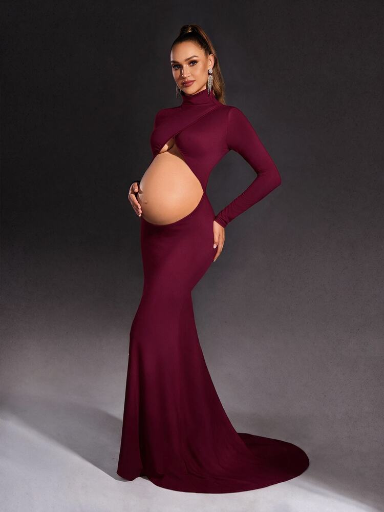 Cheriluna Maternity Pregnant Women's Solid Color Stand Collar Backless Elegant Maternity Dress, Long Sleeve - Burgundy - View 1