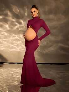Cheriluna Maternity 孕妇纯色立领露背优雅孕妇连衣裙，长袖 - 酒紅色 - 查看 2