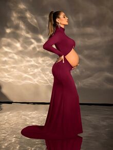 Cheriluna Maternity 孕妇纯色立领露背优雅孕妇连衣裙，长袖 - 酒紅色 - 查看 4