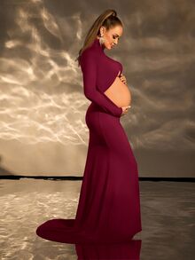 Cheriluna Maternity 孕妇纯色立领露背优雅孕妇连衣裙，长袖 - 酒紅色 - 查看 6